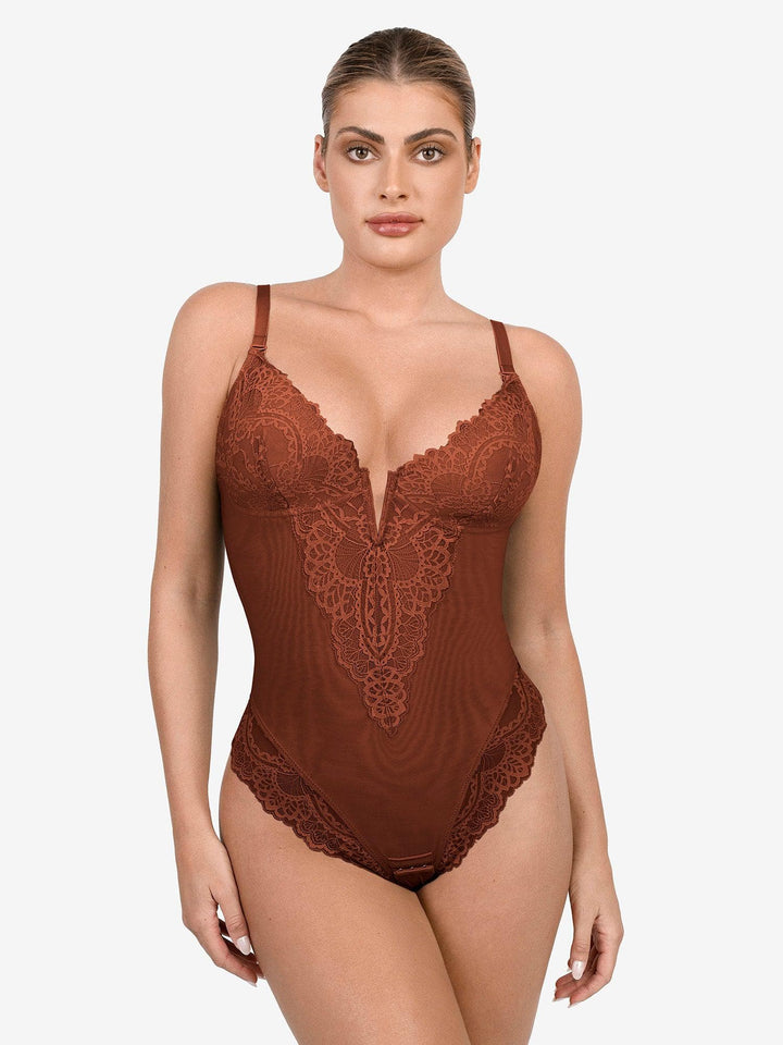 Popilush® Tops Body Shaper Jumpsuit The Shapewear Bodysuit Deep-V Neck Lace Thong