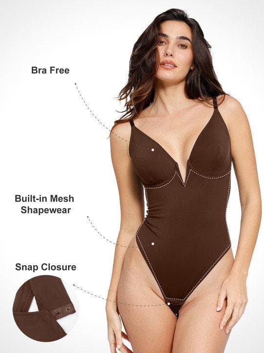 Popilush® Tops Body Shaper Tank Deep-V Neck Low-Back Shapewear Thong Bodysuit