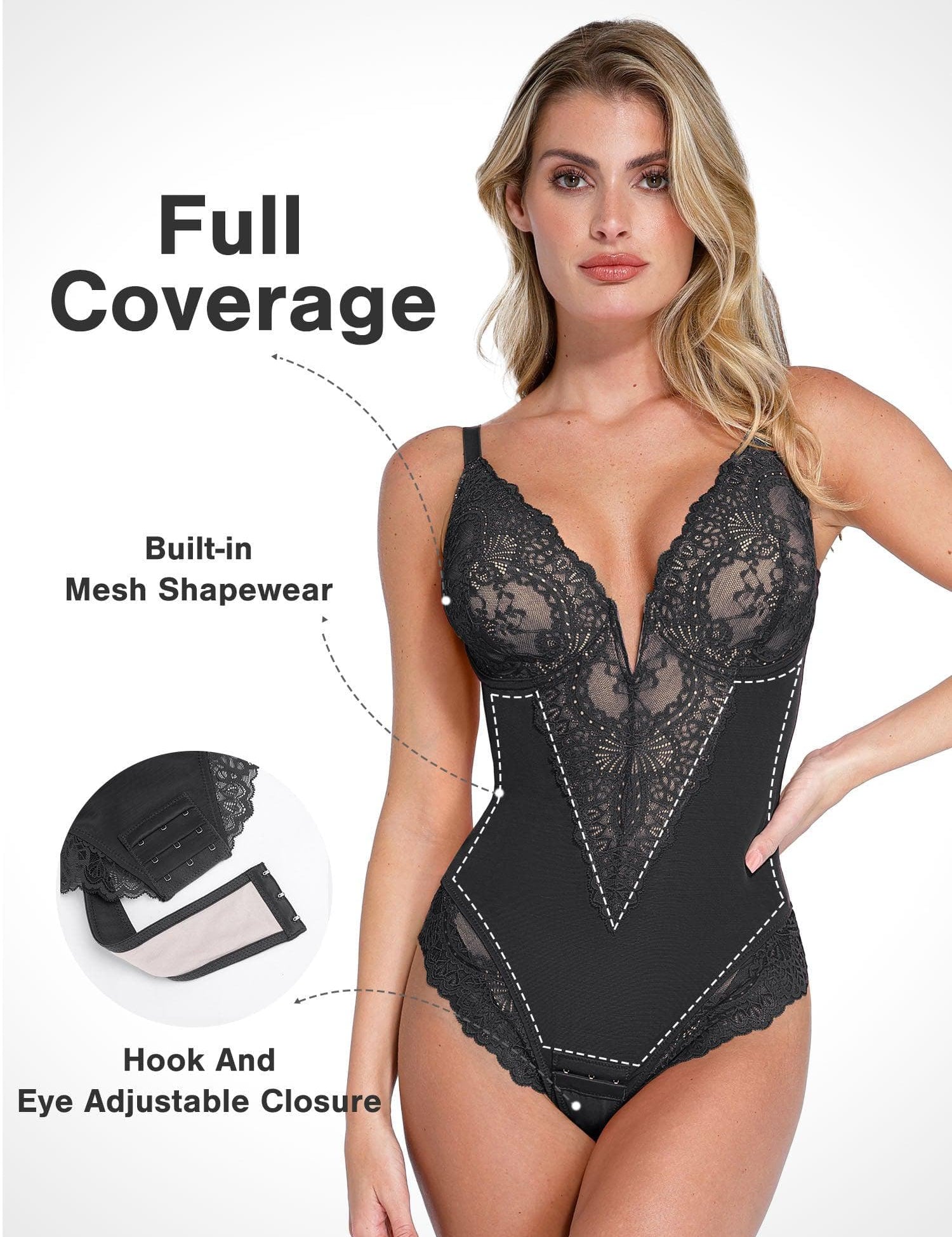 Popilush® Tops Body Shaper The Shapewear Bodysuit Full Coverage Alluring Plunge Lace