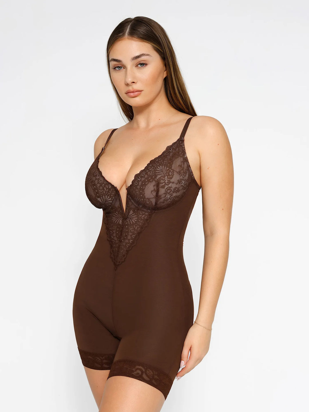 Popilush® Mid-Thigh Body Shaper Jumpsuit The Shapewear Bodysuit Lace Deep-V Neck Shorts