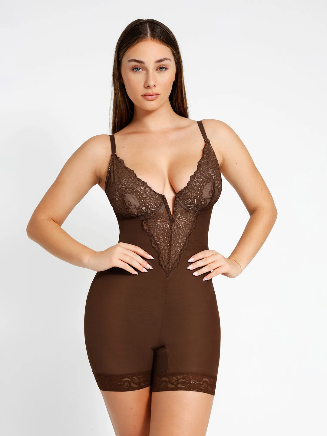 Popilush® Mid-Thigh Body Shaper Jumpsuit Brown / S The Shapewear Bodysuit Lace Deep-V Neck Shorts