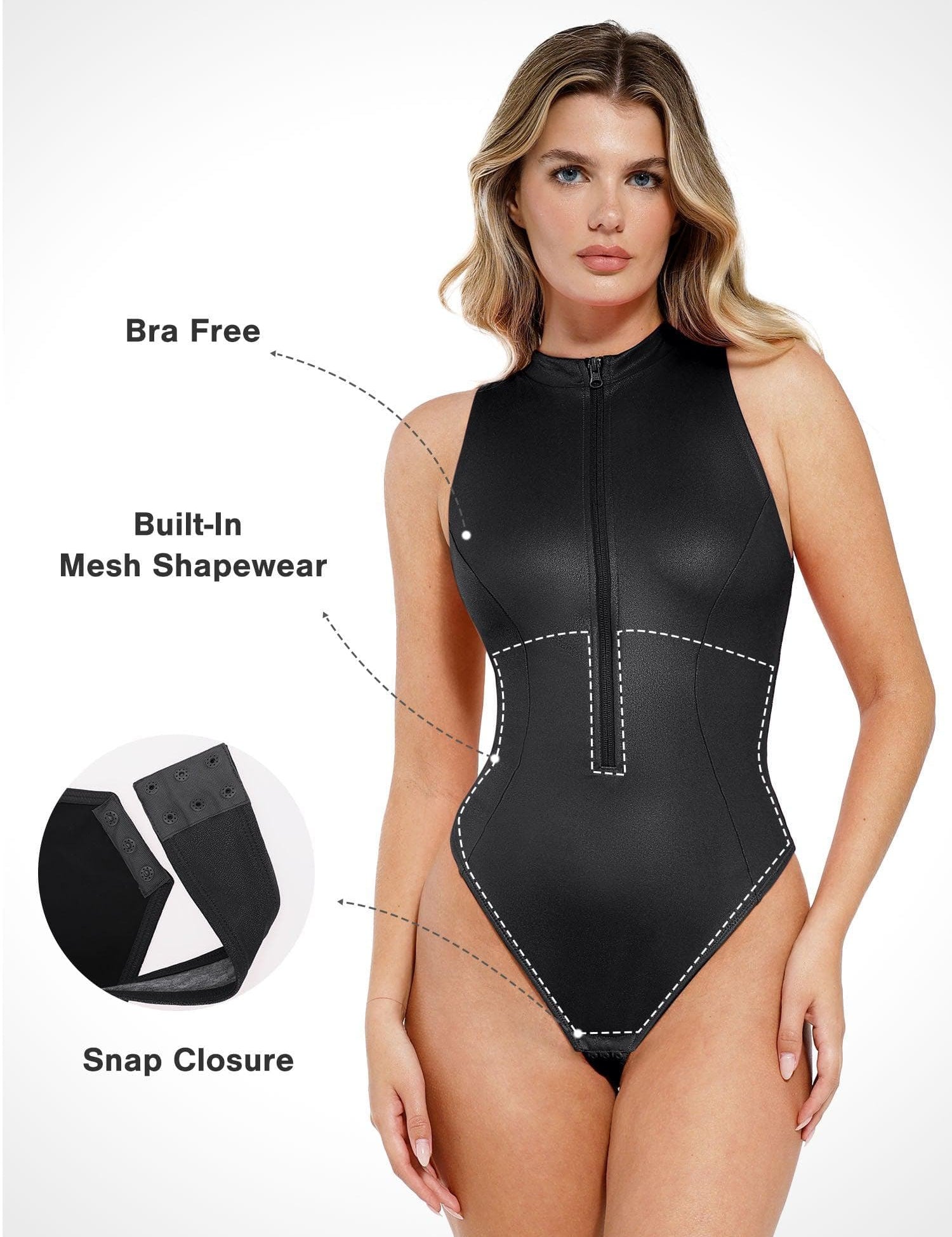 Popilush® Leather Sleeveless Body Shaper The Shapewear Bodysuit Leather Mock Neck