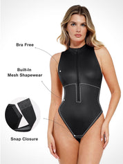 Popilush® Leather Sleeveless Body Shaper The Shapewear Bodysuit Leather Mock Neck