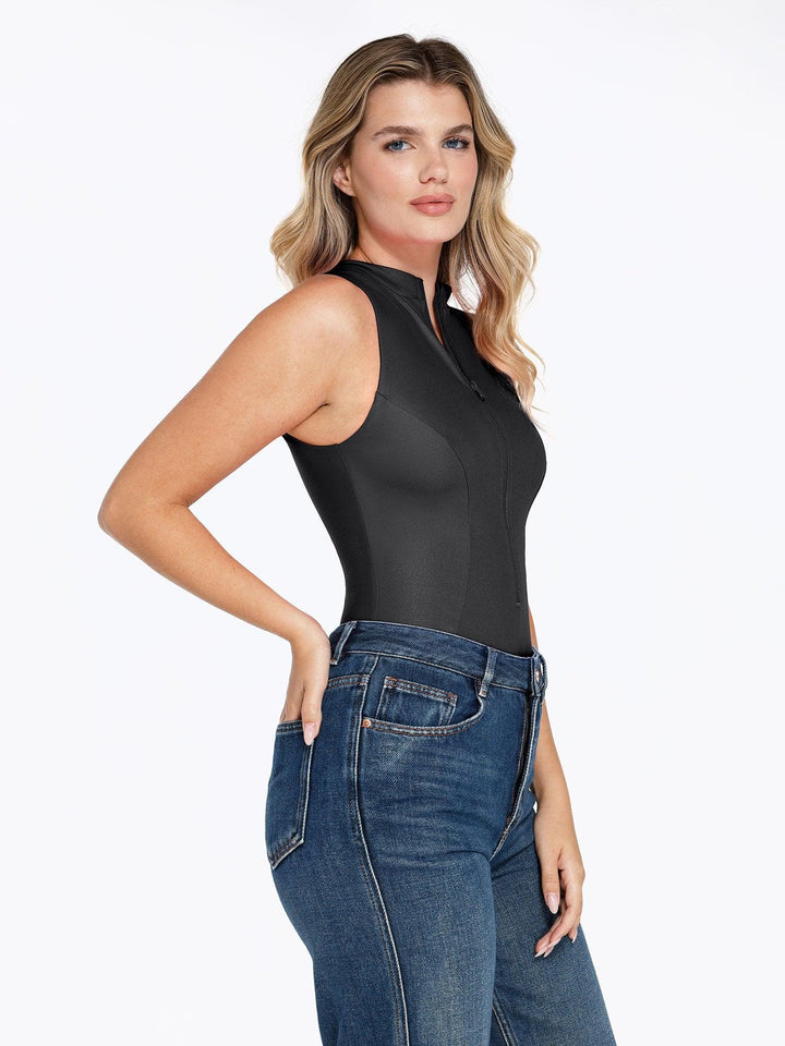 Popilush® Leather Sleeveless Body Shaper The Shapewear Bodysuit Leather Mock Neck