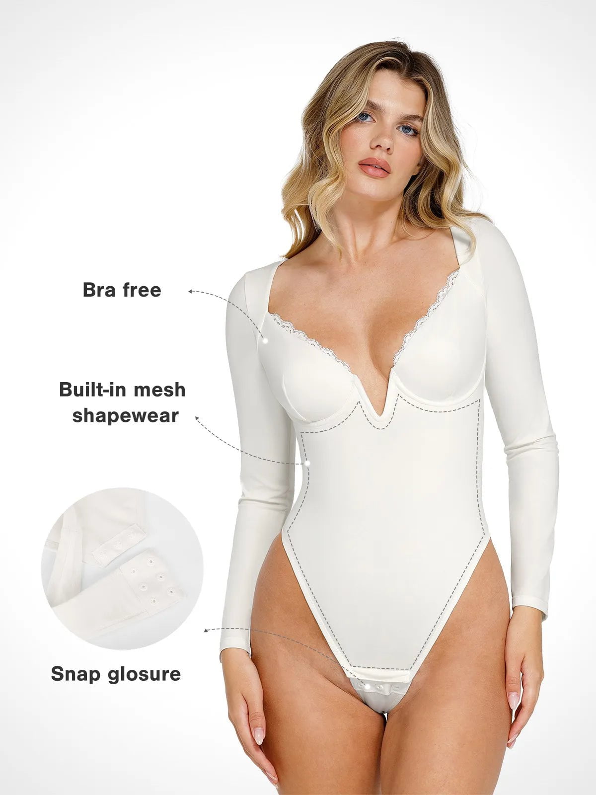 Popilush® Tops Body Shaper Sculpting Winter The Shapewear Bodysuit Long Sleeve V-Neck Lace Trim