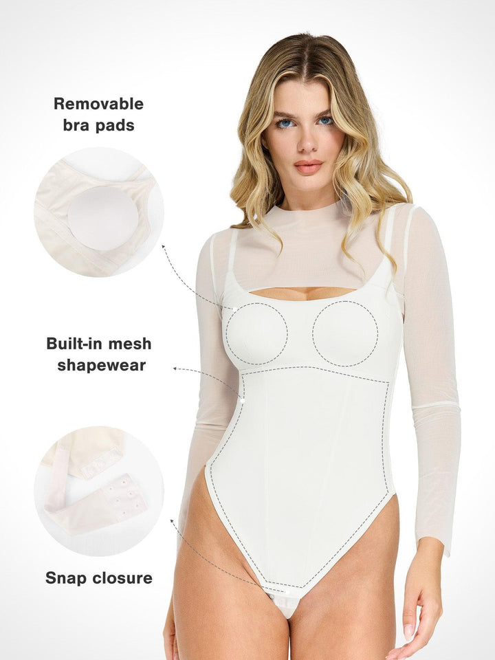 Popilush® Sexy Tops Body Shaper Long Sleeve The Shapewear Bodysuit Sheer Mesh Cutout Set