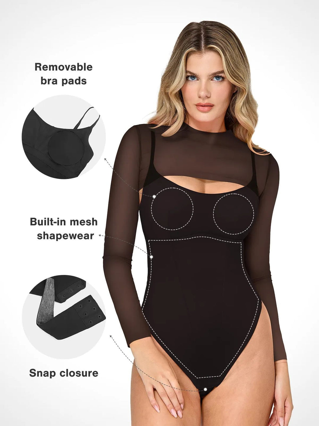 Popilush® Sexy Tops Body Shaper Long Sleeve The Shapewear Bodysuit Sheer Mesh Cutout Set