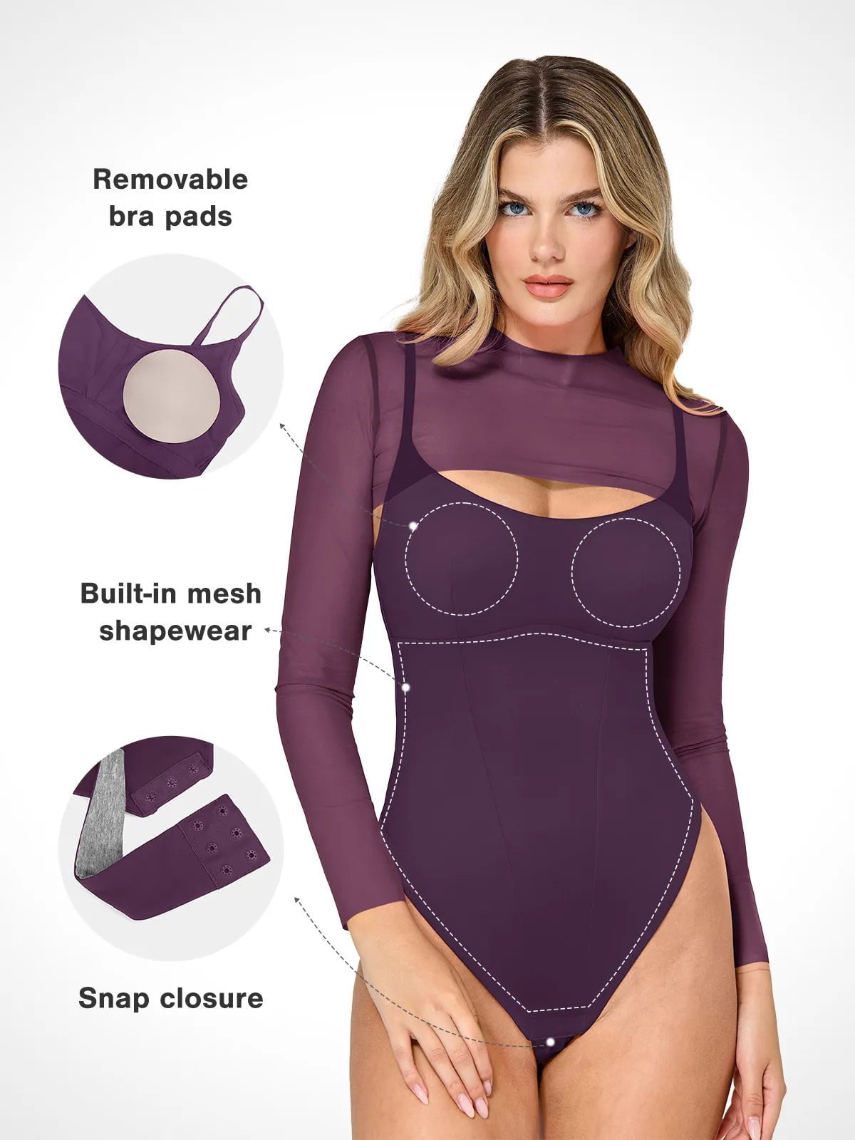 Popilush® Sexy Tops Body Shaper Long Sleeve The Shapewear Bodysuit Sheer Mesh Cutout Set