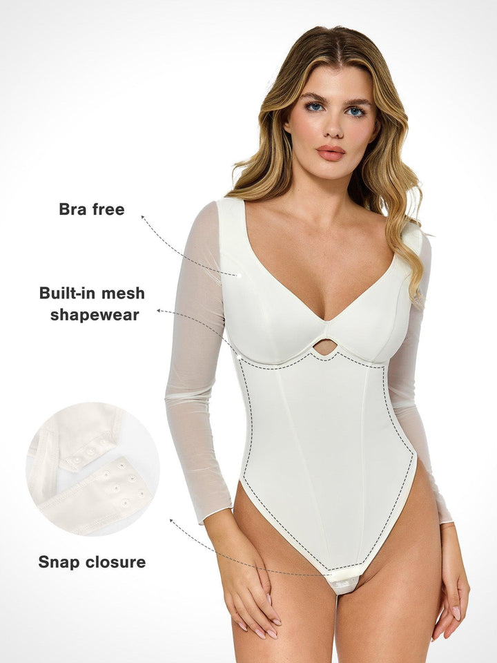 Popilush® Tops Body Shaper Long Sleeve The Shapewear Bodysuit with Mesh Sleeves