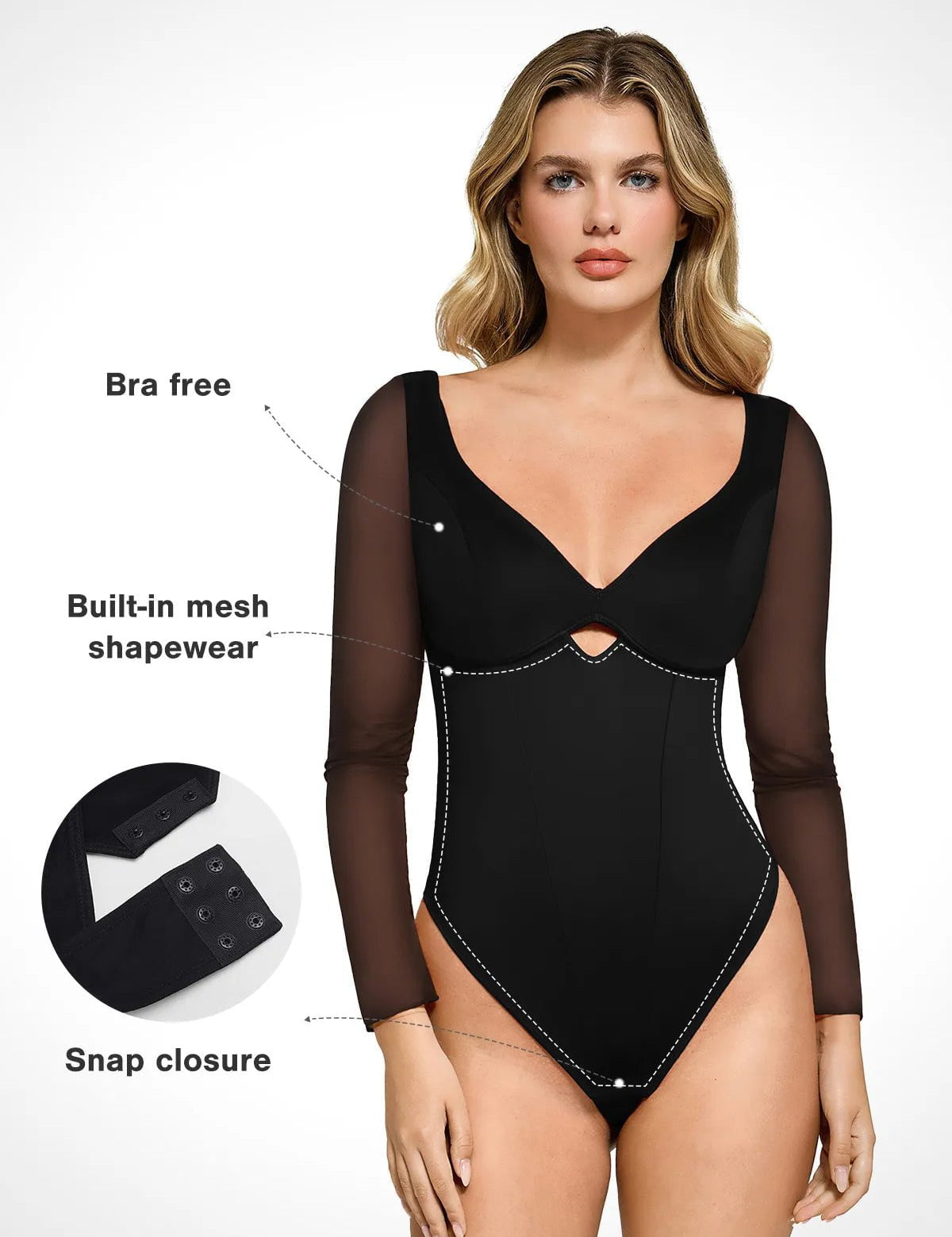 Popilush® Tops Body Shaper Long Sleeve The Shapewear Bodysuit with Mesh Sleeves