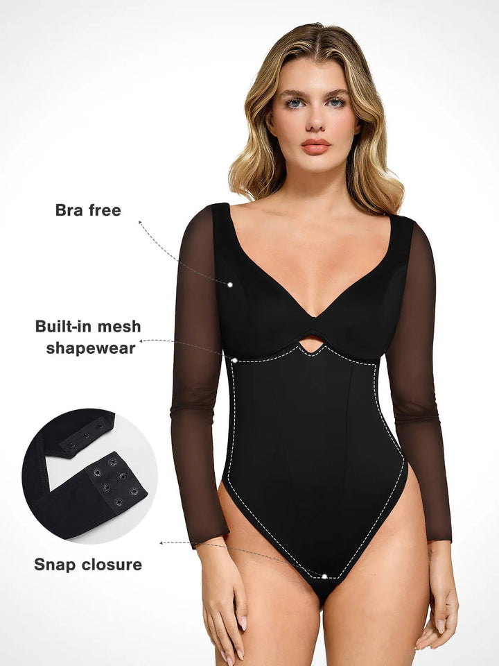 Popilush® Tops Body Shaper Long Sleeve The Shapewear Bodysuit with Mesh Sleeves