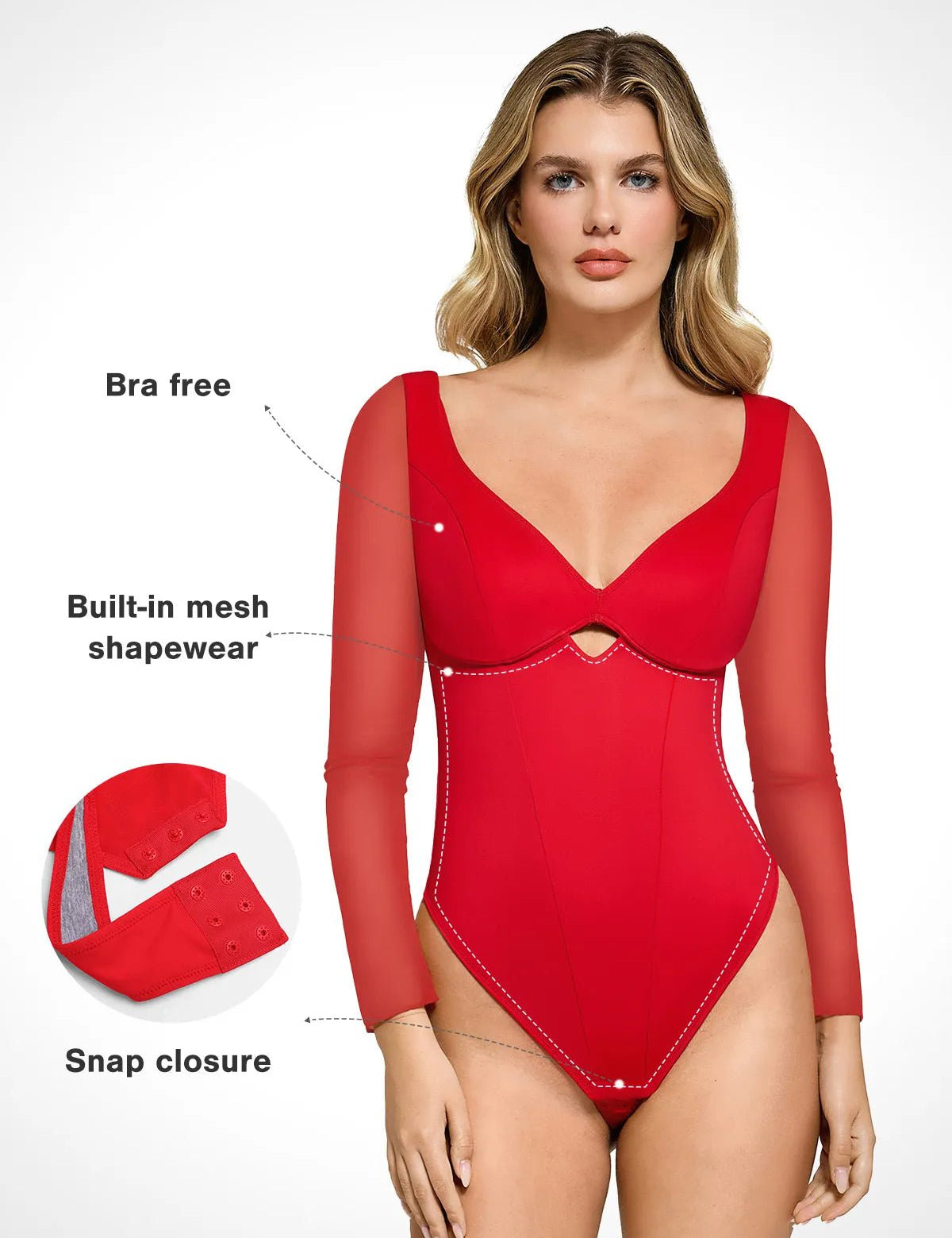 Popilush® Tops Body Shaper Long Sleeve The Shapewear Bodysuit with Mesh Sleeves