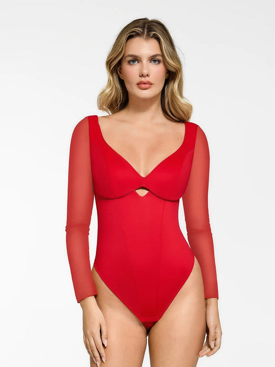 Popilush® Tops Body Shaper Long Sleeve Red / XS The Shapewear Bodysuit with Mesh Sleeves