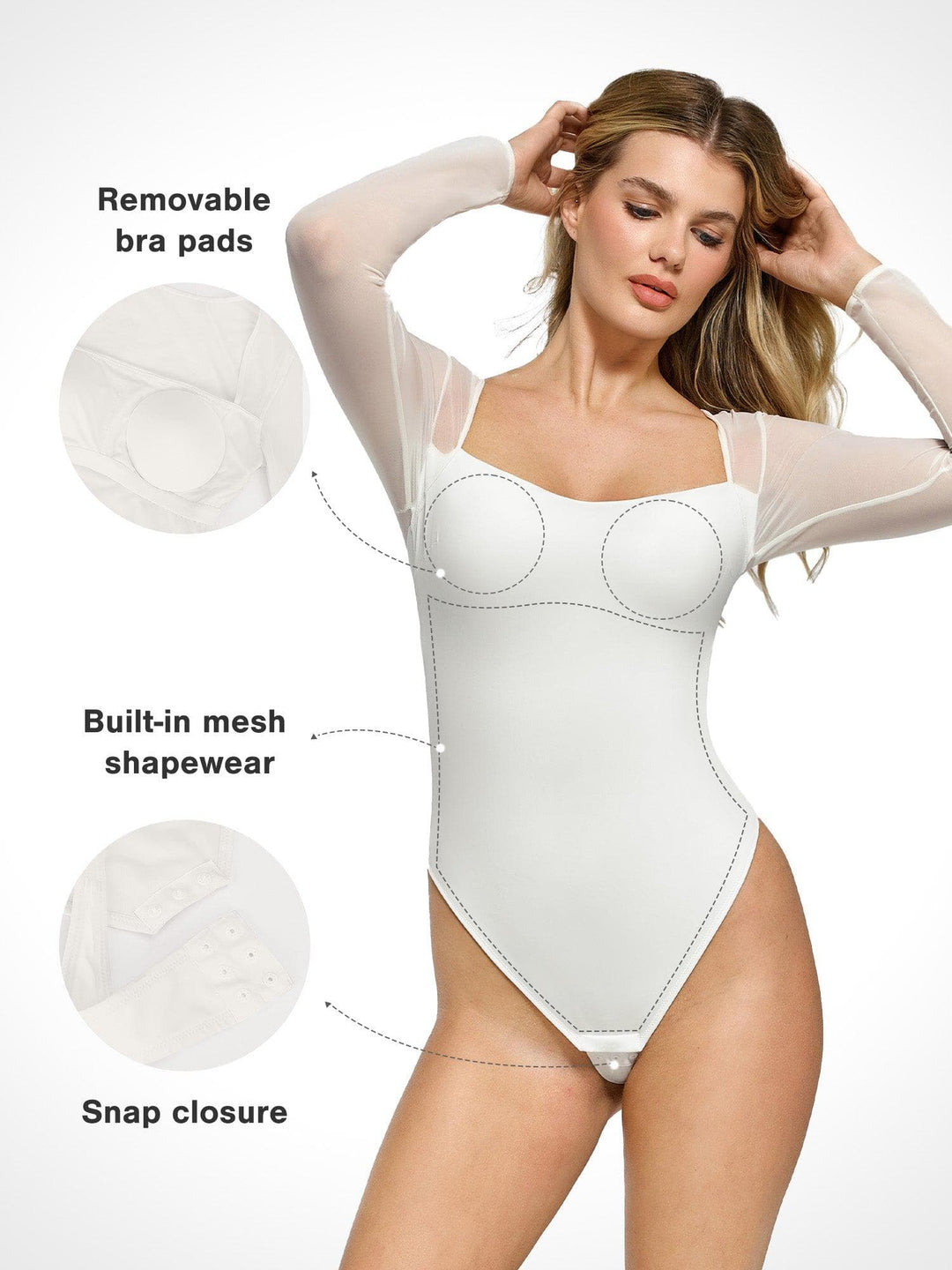 Popilush® Tops Body Shaper Long Sleeve The Shapewear Bodysuit with Square Neck and Mesh Sleeves