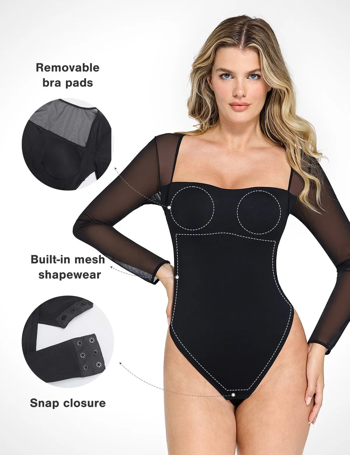 Popilush® Tops Body Shaper Long Sleeve The Shapewear Bodysuit with Square Neck and Mesh Sleeves