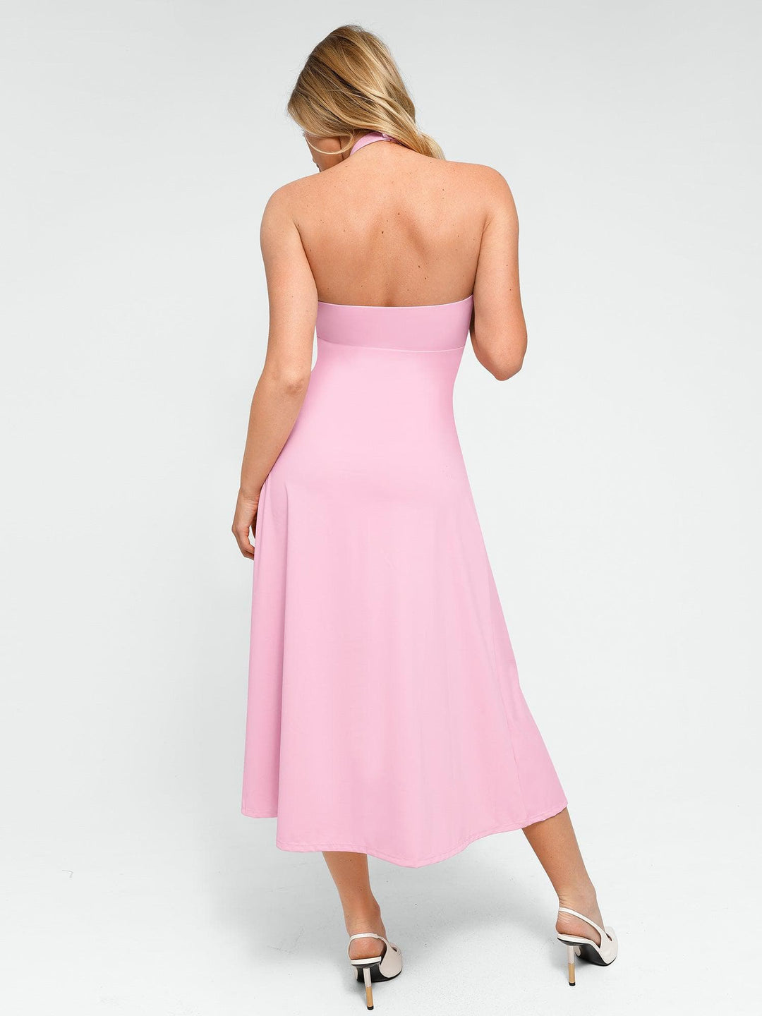 Popilush® Bodycon Summer Dress Low Back Built-In Shapewear Halter A-Line Sleeveless Midi Dress