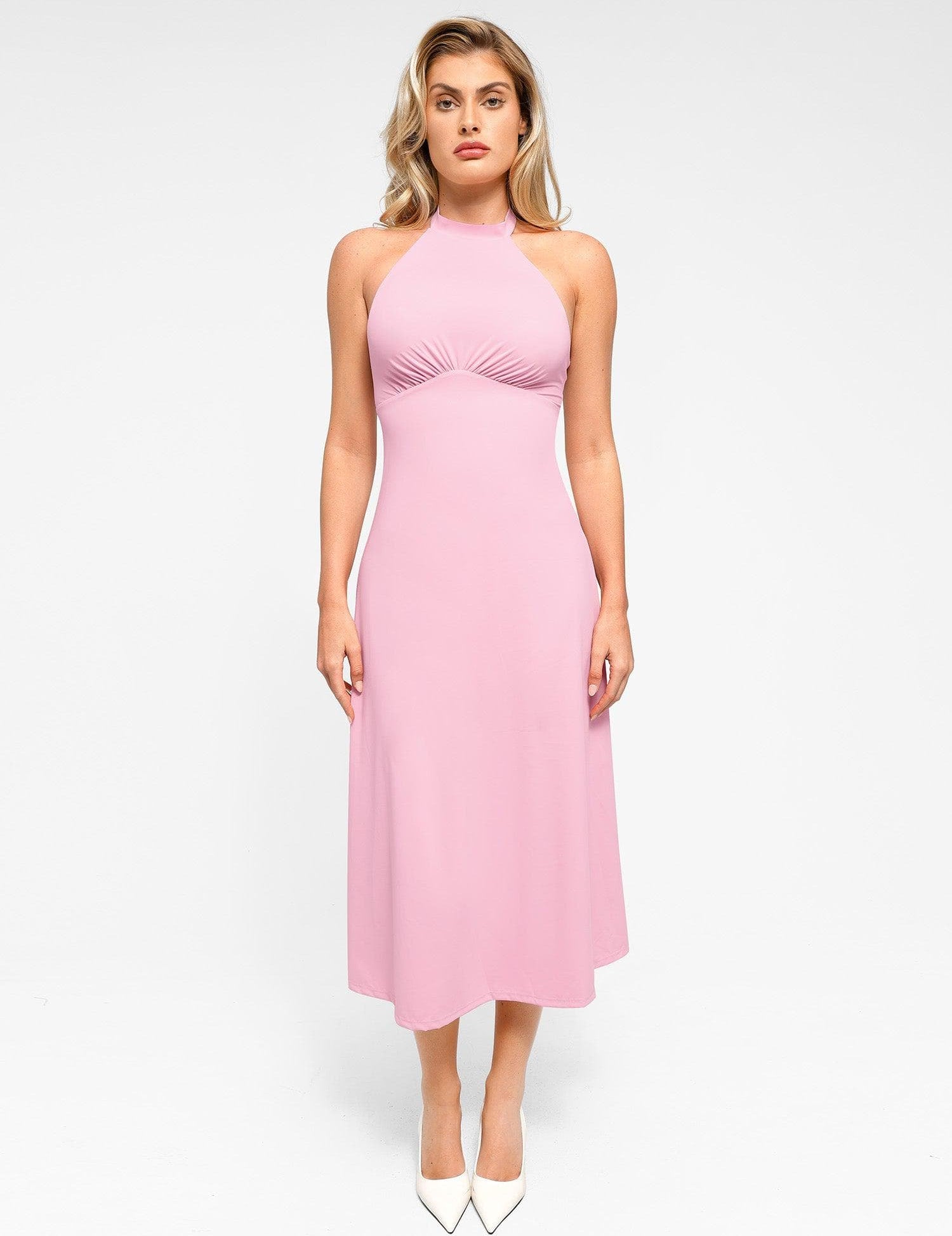 Popilush® Bodycon Summer Dress Low Back Built-In Shapewear Halter A-Line Sleeveless Midi Dress