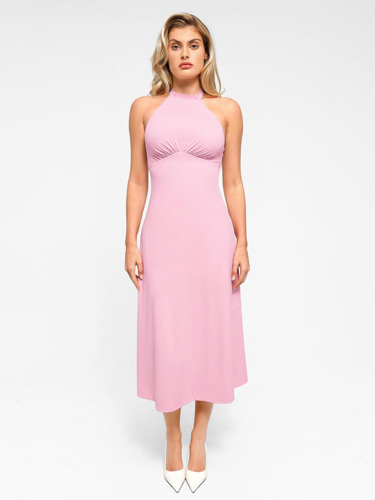 Popilush® Bodycon Summer Dress Low Back Built-In Shapewear Halter A-Line Sleeveless Midi Dress