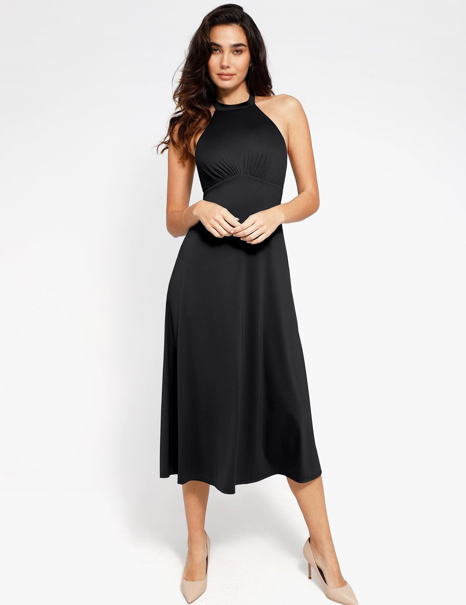 Popilush® Built-In Shapewear Halter A-Line Sleeveless Midi Dress