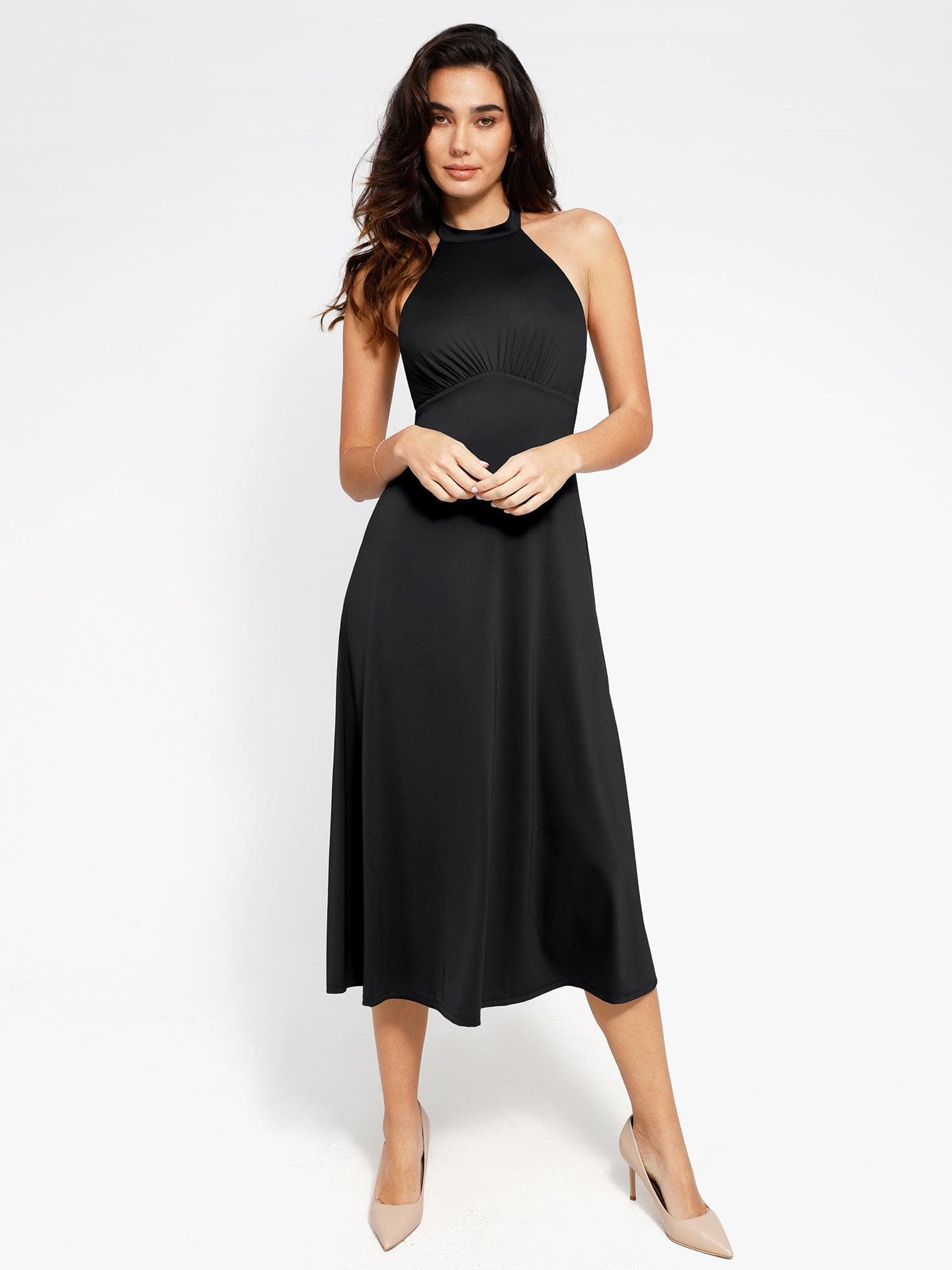 Popilush® Built-In Shapewear Halter A-Line Sleeveless Midi Dress