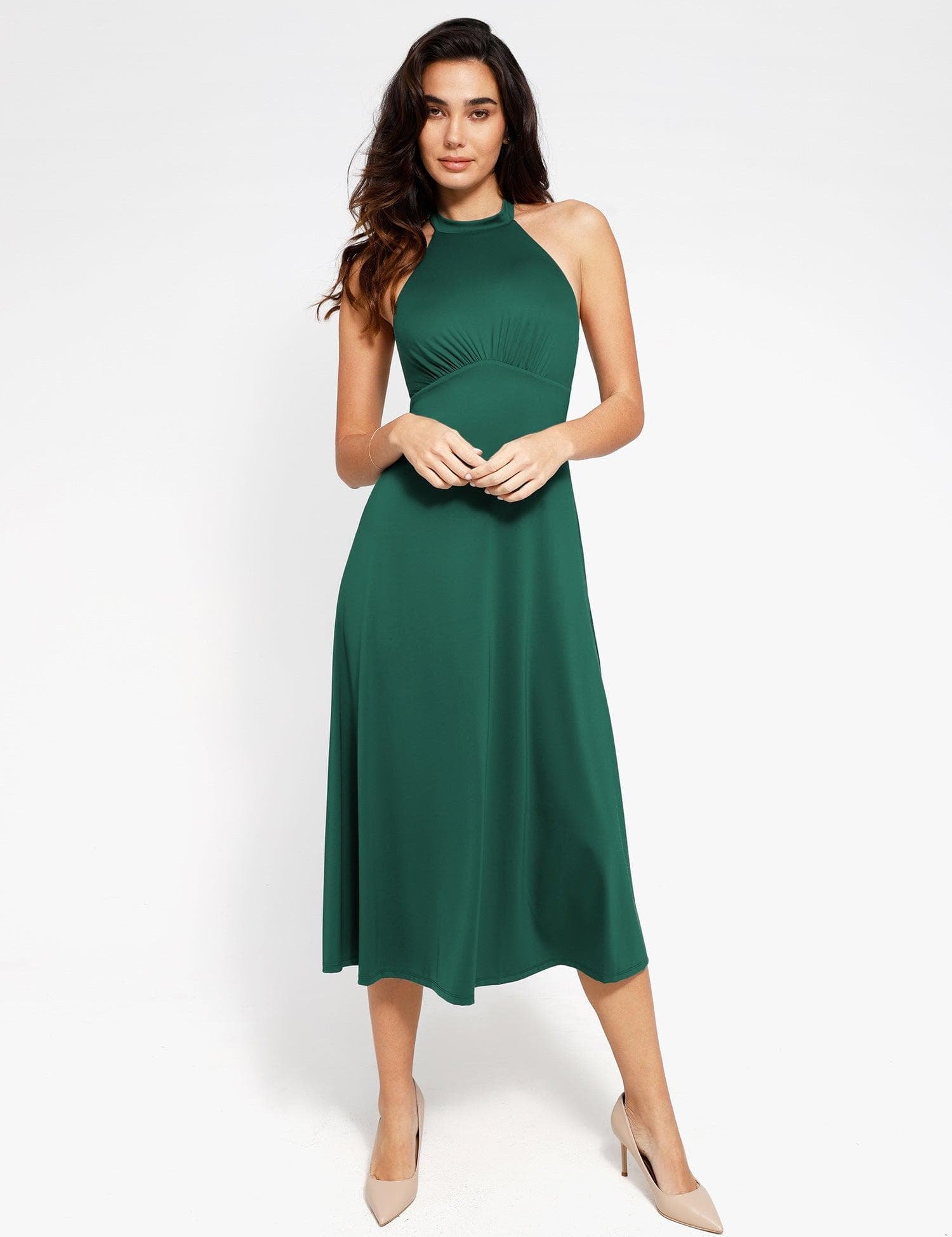 Popilush® Built-In Shapewear Halter A-Line Sleeveless Midi Dress