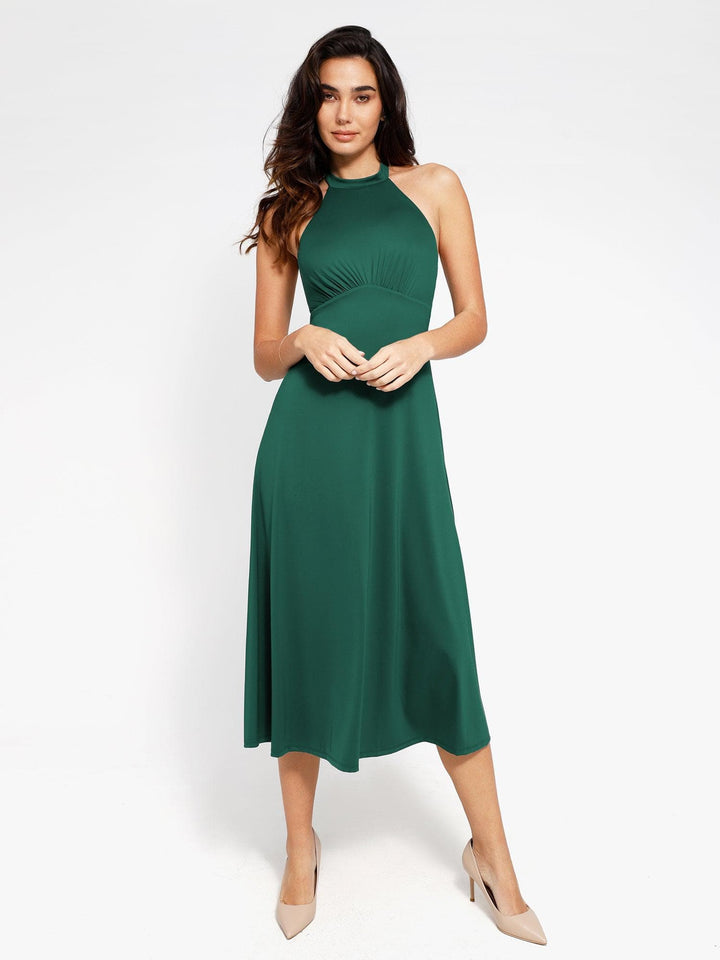 Popilush® Built-In Shapewear Halter A-Line Sleeveless Midi Dress