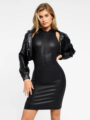 Popilush® Faux Leather Bodycon Party Summer Dress The Shapewear Dress Leather Mock Neck Midi