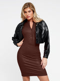 Popilush® Faux Leather Bodycon Party Summer Dress The Shapewear Dress Leather Mock Neck Midi