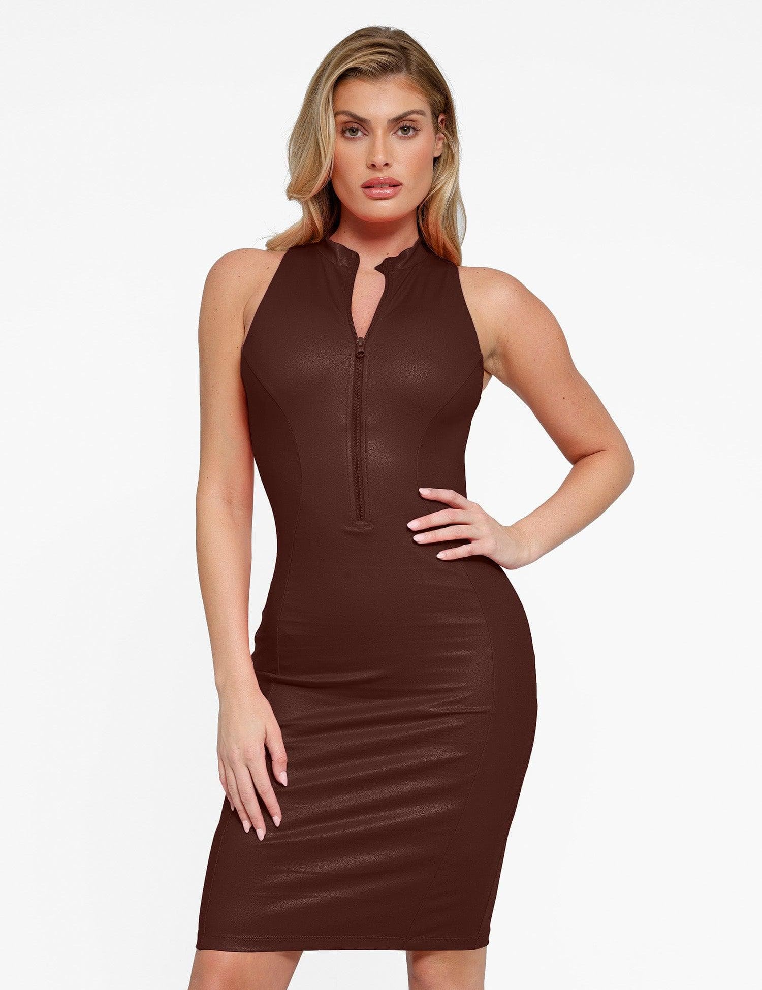  XS The Shapewear Dress Leather Mock Neck Midi