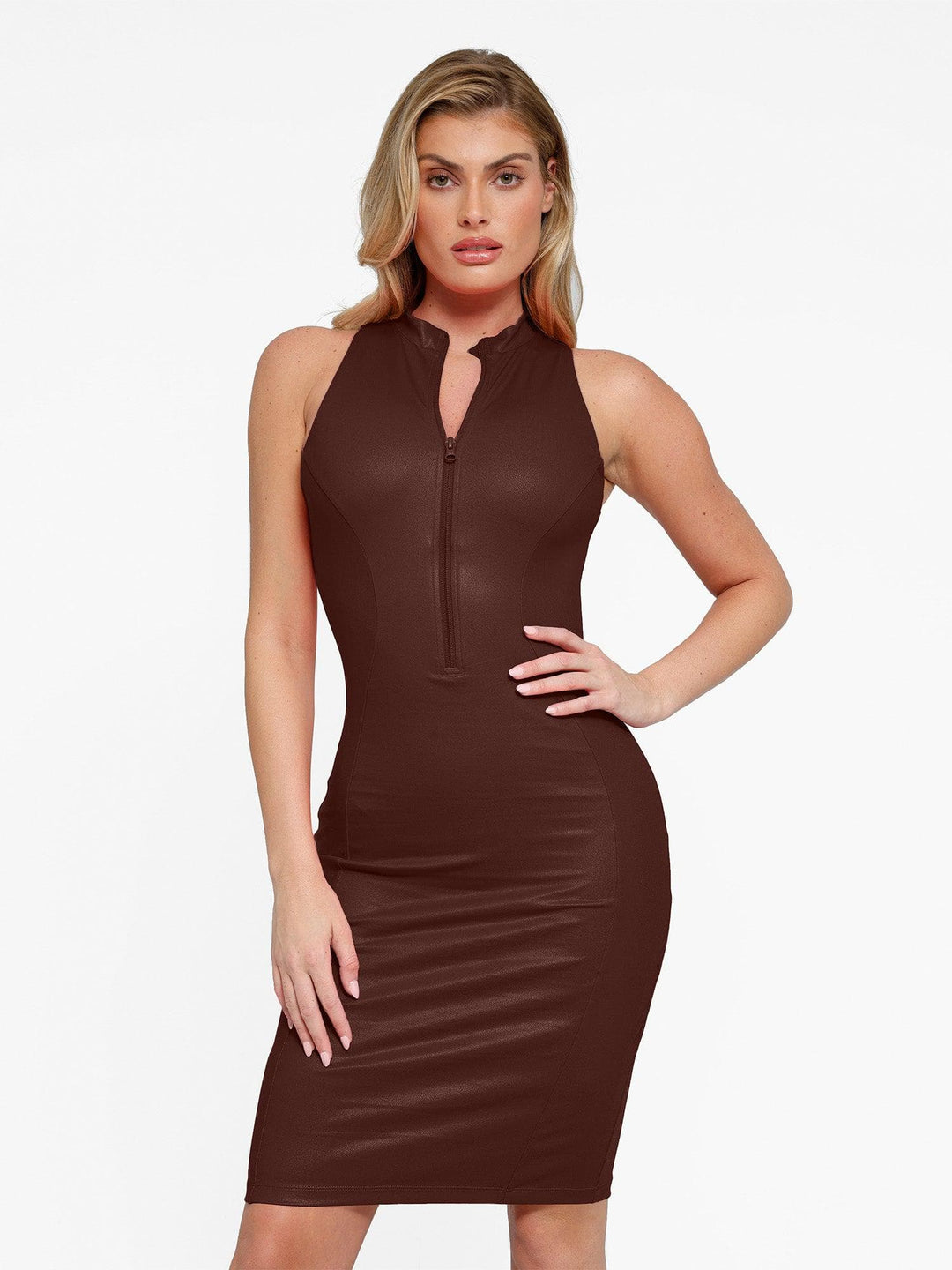 Popilush® Faux Leather Bodycon Party Summer Dress Brown / XS The Shapewear Dress Leather Mock Neck Midi