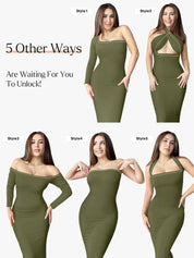 Popilush® Square Neck Bodycon Maxi Long Dress The Shapewear Dress Long Sleeve Maxi