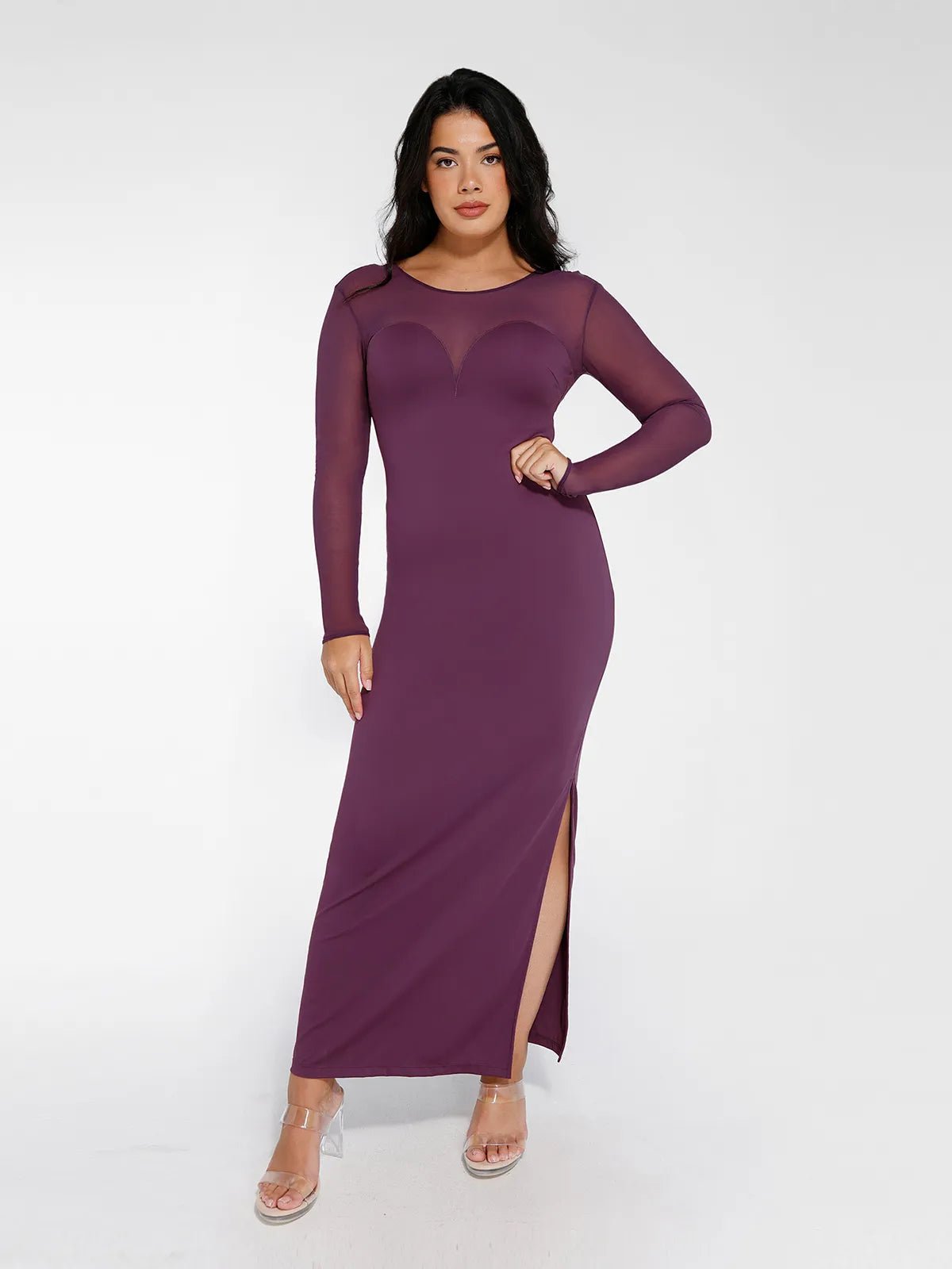 Popilush® Formal Bodycon Party Cocktail Backless Gown Winter Purple / L The Shapewear Dress Long Sleeve Sheer Mesh Maxi