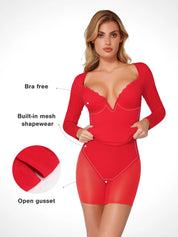 Popilush® Sculpting Formal Party Bodycon Winter Gown The Shapewear Dress Long Sleeve V-Neck Lace Midi