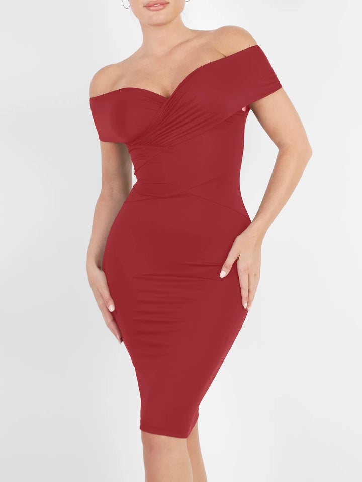 Popilush® Formal Bodycon Party Summer Dress The Shapewear Dress Off Shoulder V-Neck Ruched Midi