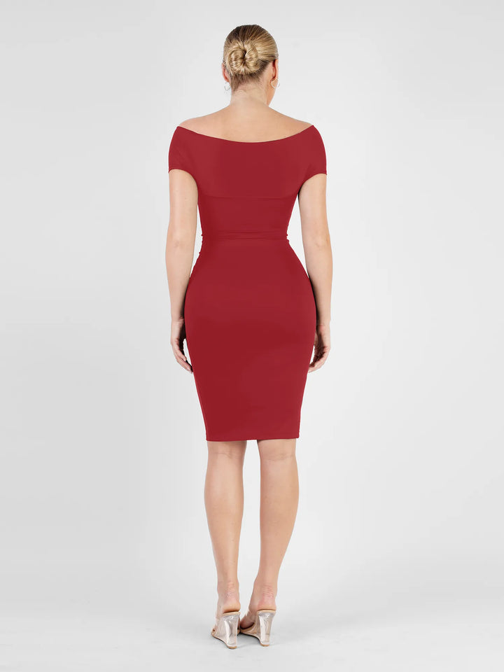 Popilush® Formal Bodycon Party Summer Dress The Shapewear Dress Off Shoulder V-Neck Ruched Midi