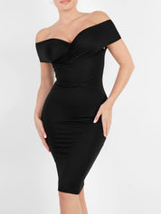 Popilush® Formal Bodycon Party Summer Dress The Shapewear Dress Off Shoulder V-Neck Ruched Midi