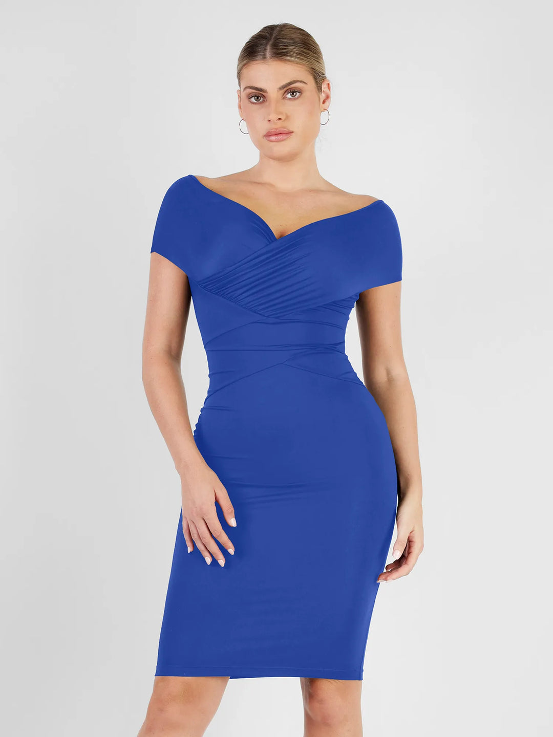 Popilush® Formal Bodycon Party Summer Dress Blue / S The Shapewear Dress Off Shoulder V-Neck Ruched Midi