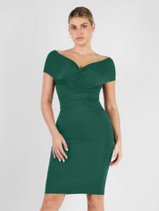 Popilush® Formal Bodycon Party Summer Dress Emerald Green / S The Shapewear Dress Off Shoulder V-Neck Ruched Midi