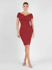 Popilush® Formal Bodycon Party Summer Dress Wine / S The Shapewear Dress Off Shoulder V-Neck Ruched Midi