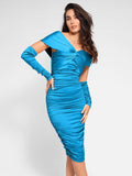 Popilush® Bodycon Summer Dress Club Party Sea Blue / XS Built-In Shapewear Ruched Shine Midi Dress