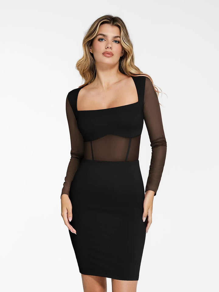 Popilush® Formal Bodycon Party Cocktail Casual Gown Winter Black / XS The Shapewear Dress Sculpting Long Sleeve Mesh Midi