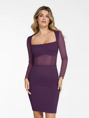 Popilush® Formal Bodycon Party Cocktail Casual Gown Winter Purple / XS The Shapewear Dress Sculpting Long Sleeve Mesh Midi