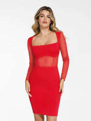 Popilush® Formal Bodycon Party Cocktail Casual Gown Winter Red / XS The Shapewear Dress Sculpting Long Sleeve Mesh Midi