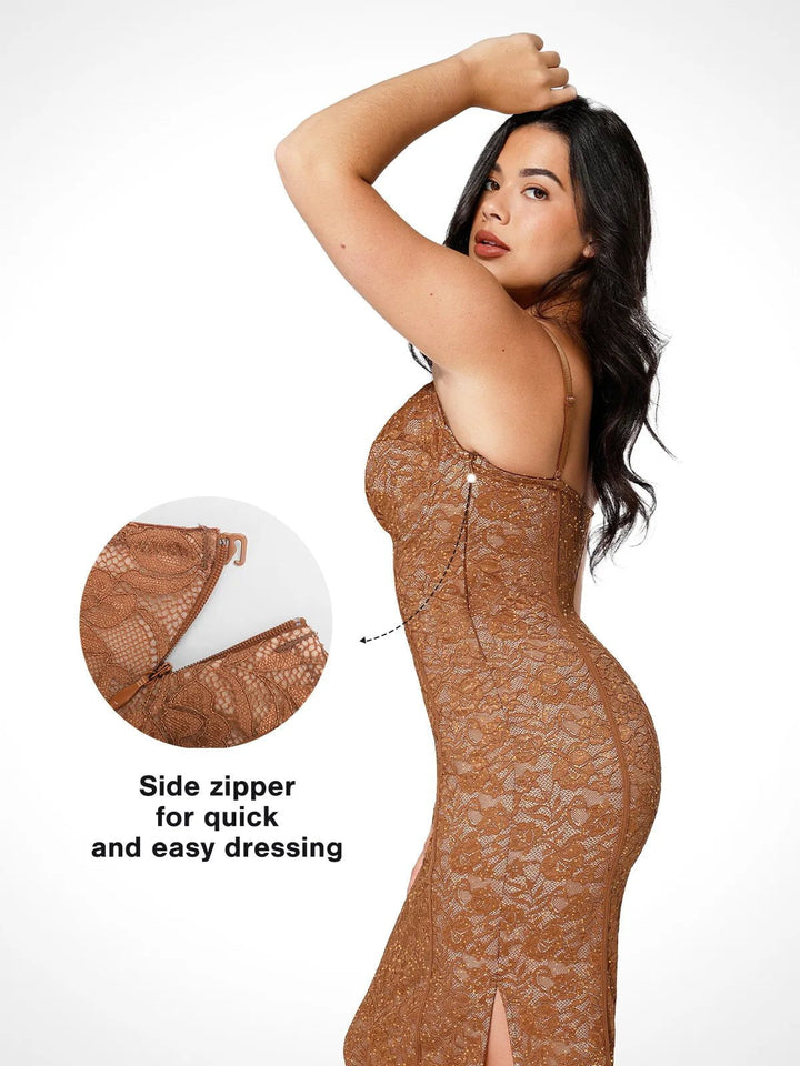 Popilush® Formal Bodycon Party Summer Cocktail Gown The Shapewear Dress V-Neck Slip Lace Midi