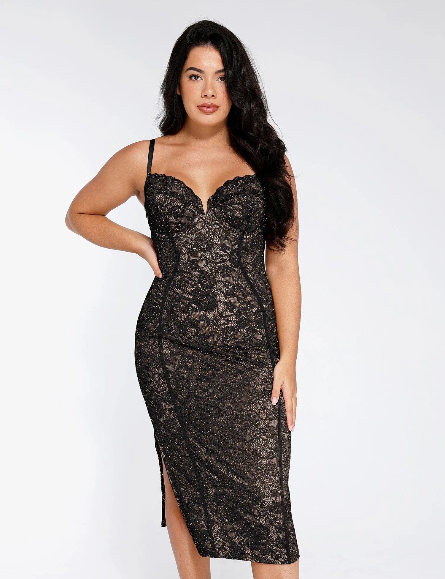  XS The Shapewear Dress V-Neck Slip Lace Midi