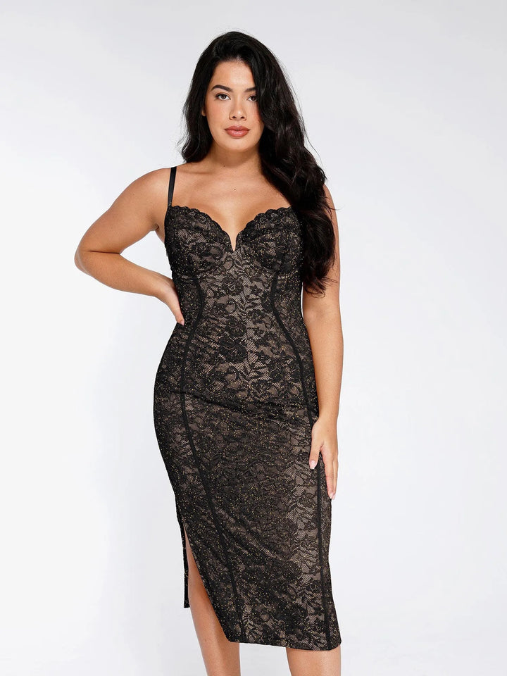 Popilush® Formal Bodycon Party Summer Cocktail Gown Black / XS The Shapewear Dress V-Neck Slip Lace Midi