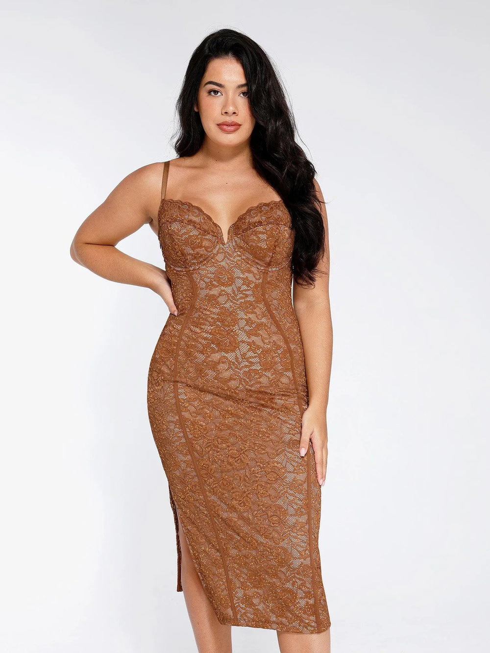 Popilush® Formal Bodycon Party Summer Cocktail Gown Brown / XS The Shapewear Dress V-Neck Slip Lace Midi