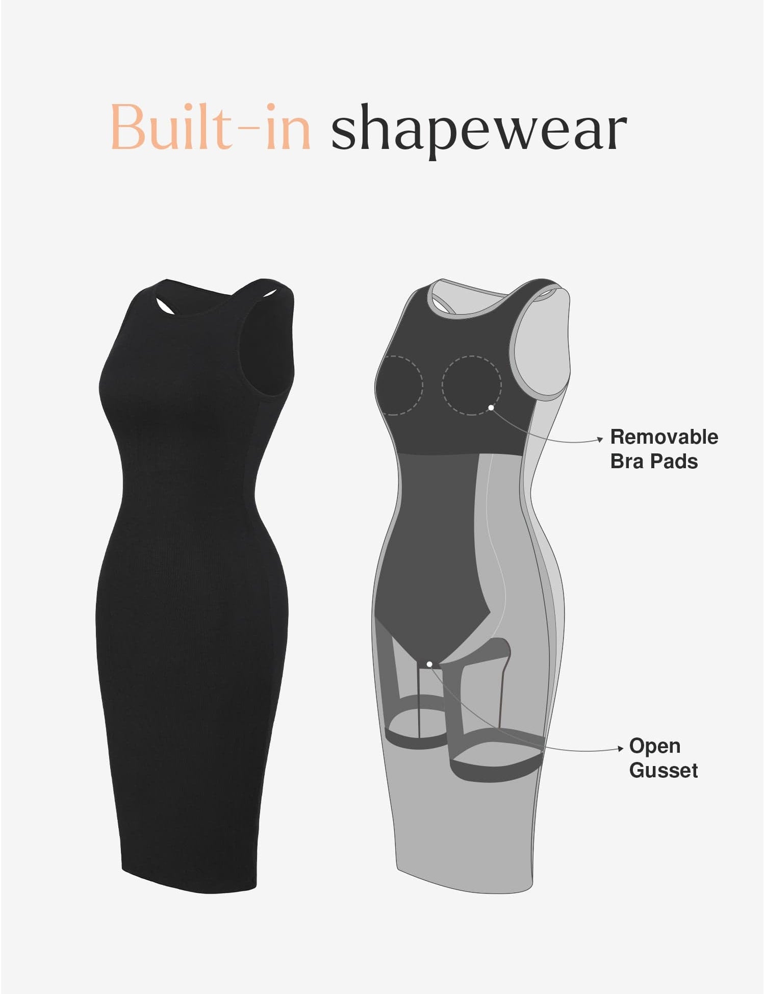 Popilush® Bodycon Summer Dress Built-In Shapewear Crew Neck Sleeveless Midi Lounge Dress