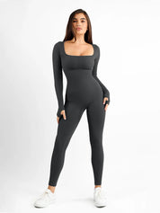 Popilush® Yoga Activewear Jumpsuit Winter Grey / S The Shapewear Jumpsuit Seamless Thumb Hole Square Neck Long Sleeve