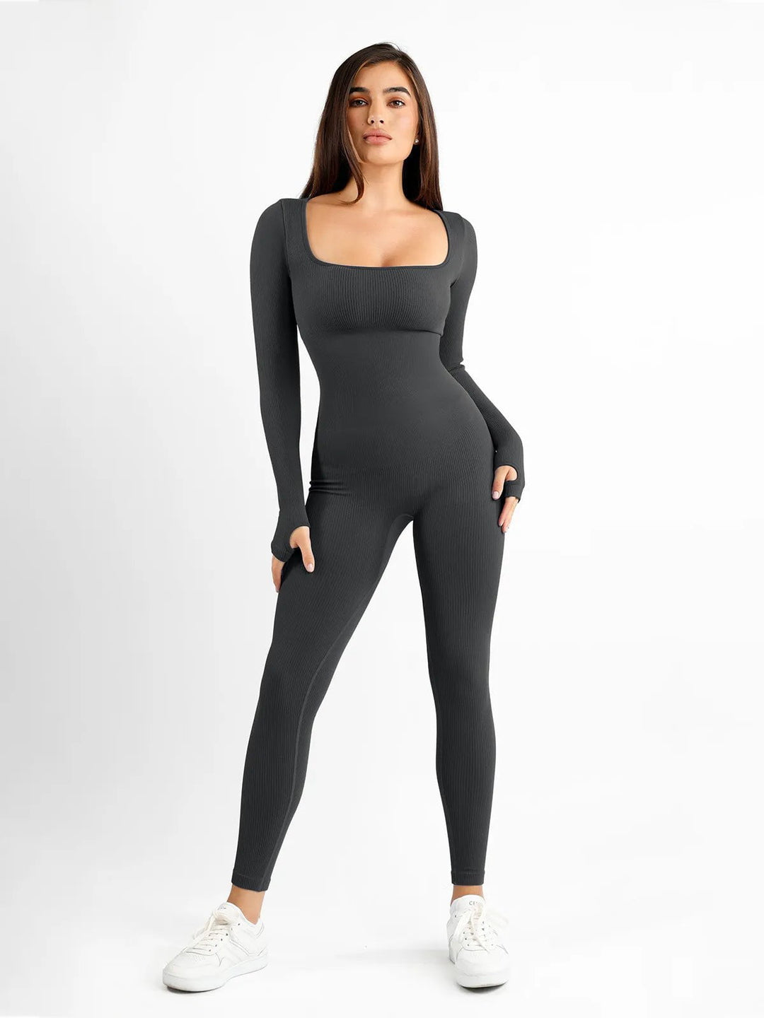 Popilush? Yoga Activewear Jumpsuit Winter Grey / S The Shapewear Jumpsuit Seamless Thumb Hole Square Neck Long Sleeve